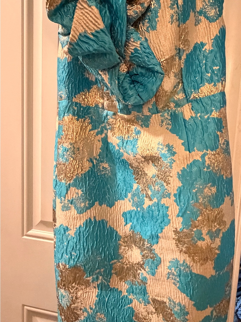 One-Shoulder Turquoise and Gold Floral Jacquard Dress